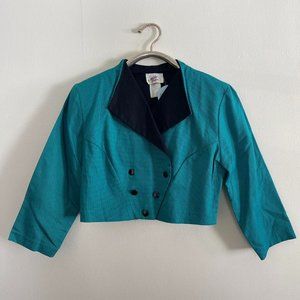 VTG 80s Wild Dress Retro Cropped Teal Blazer with Black Collar